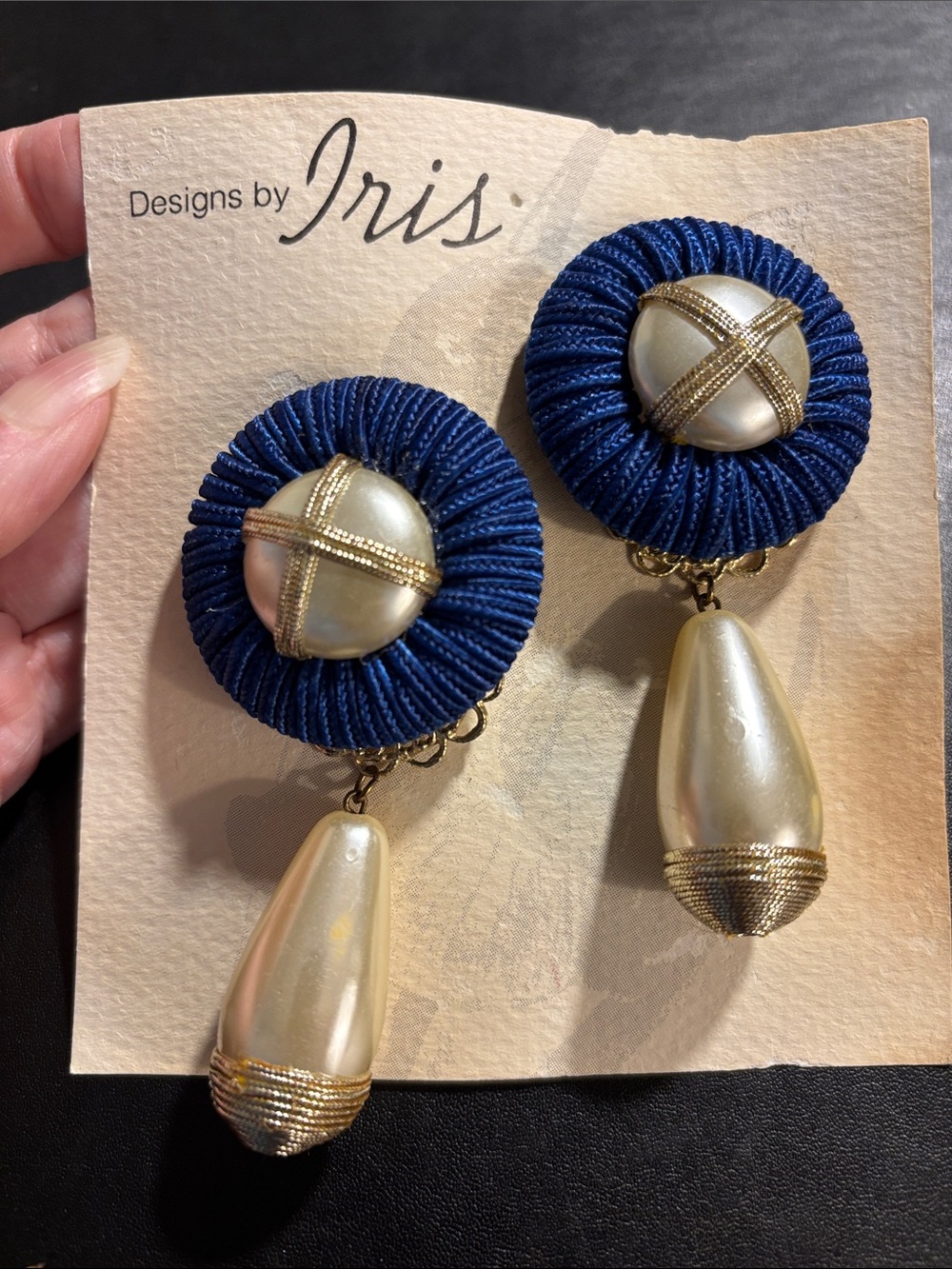 Designs by Iris handmade clip back earrings blue, gold, pearls, silver
